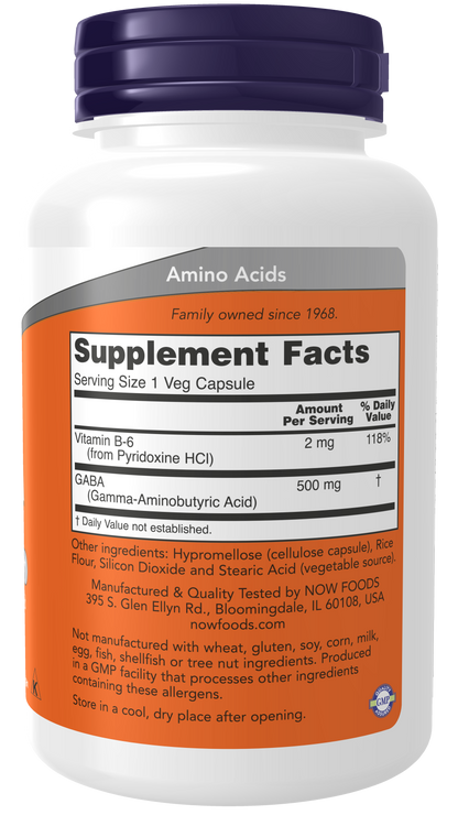 NOW Foods GABA — 500mg 100 V caps facts