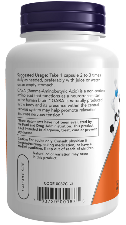 NOW Foods GABA — 500mg 100 V caps support