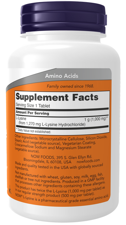 NOW Foods L-Lysine 1000mg 100tabs — L-Lysine 1000mg 100tabs facts