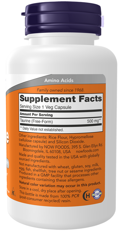 NOW Foods Taurine 500mg 100 caps — Taurine 500mg 100 caps facts