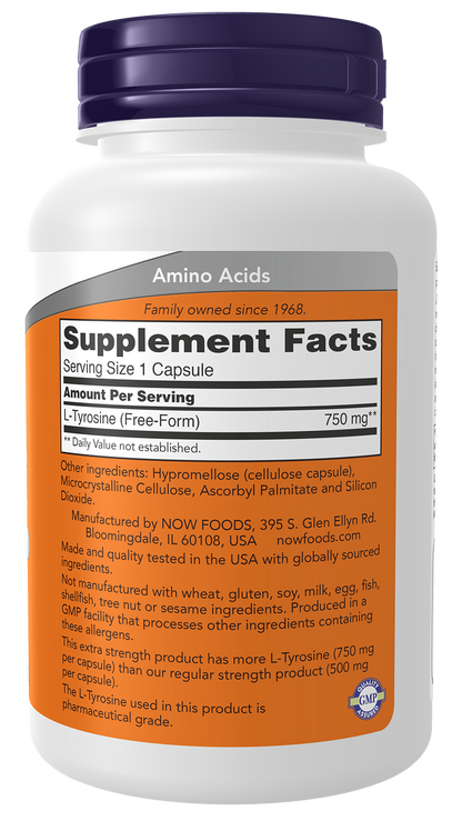 NOW Foods Tyrosine 750mg 90caps — Tyrosine 750mg 90caps facts
