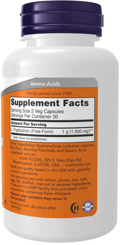 NOW Foods L-Tryptophan 500mg 60 vcaps — L-Tryptophan 500mg 60 vcaps facts