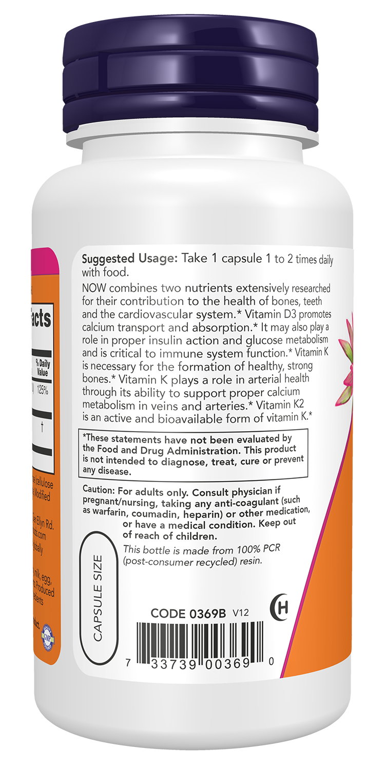 NOW Foods Vitamin D3 & K2 1000 IU 120 caps — Vitamin D3 & K2 1000 IU 120 caps support