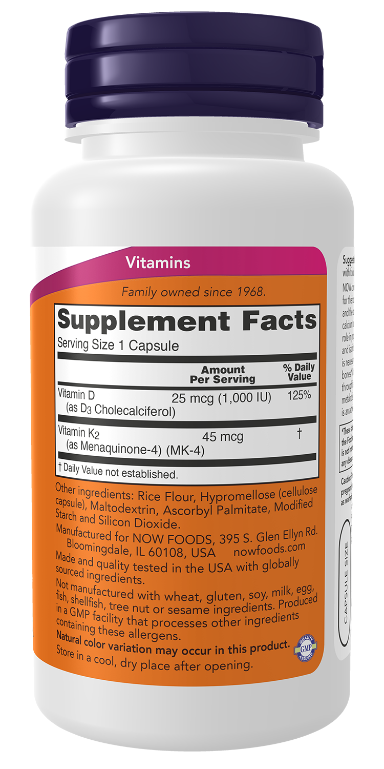 NOW Foods Vitamin D3 & K2 1000 IU 120 caps — Vitamin D3 & K2 1000 IU 120 caps facts