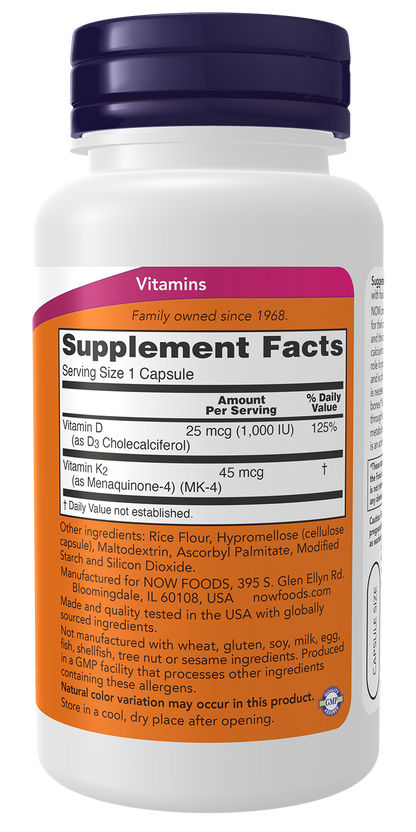 NOW Foods Vitamin D3 & K2 1000 IU 120 caps — Vitamin D3 & K2 1000 IU 120 caps facts