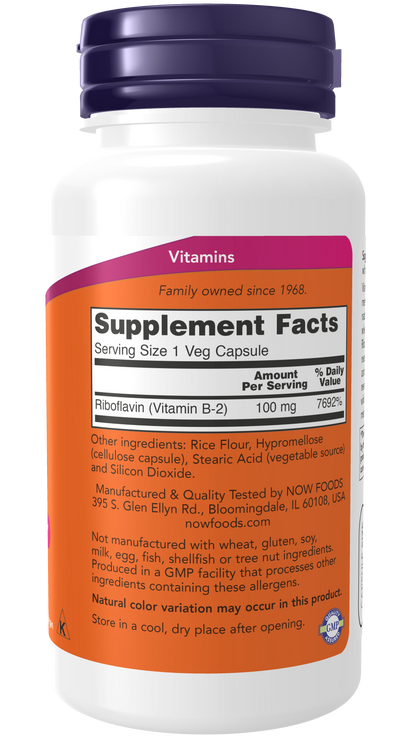 NOW Foods Vitamin B2 100mg 100vcaps — Vitamin B2 100mg 100vcaps facts