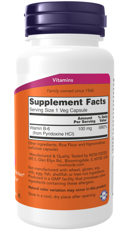 NOW Foods Vitamin B6 100mg 100vcaps — Vitamin B6 100mg 100vcaps facts