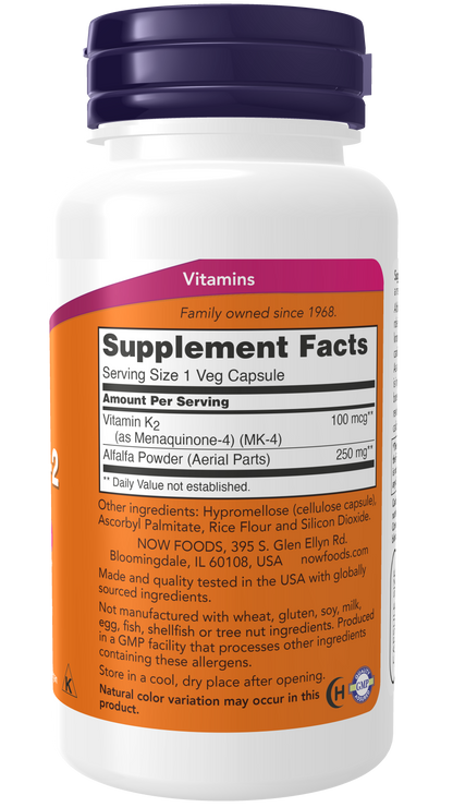 NOW Foods Vitamin K-2 100mcg 100 vcaps — Vitamin K-2 100mcg 100 vcaps facts