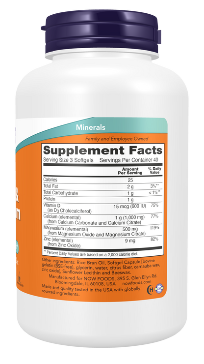NOW Foods Calcium Magnesium w/ Vitamin D3 and Zinc 120gels — Calcium Magnesium w/ Vitamin D3 and Zinc 120gels facts