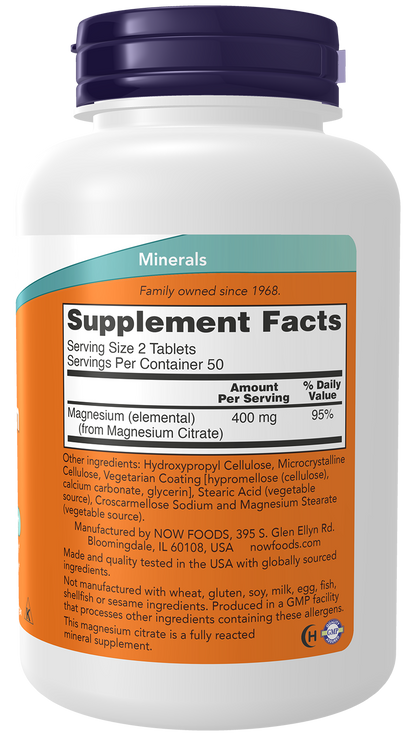 NOW Foods Magnesium Citrate 200mg 100 tabs — Magnesium Citrate 200mg 100 tabs facts