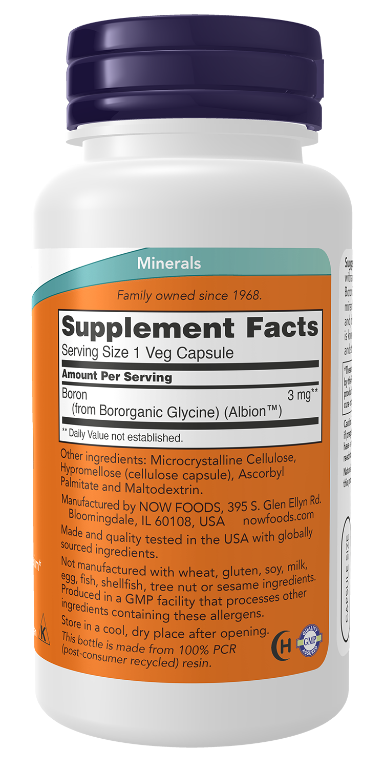 NOW Foods Boron 3mg 100vcaps — Boron 3mg 100vcaps facts