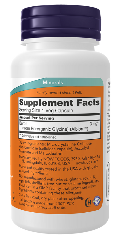 NOW Foods Boron 3mg 100vcaps — Boron 3mg 100vcaps facts