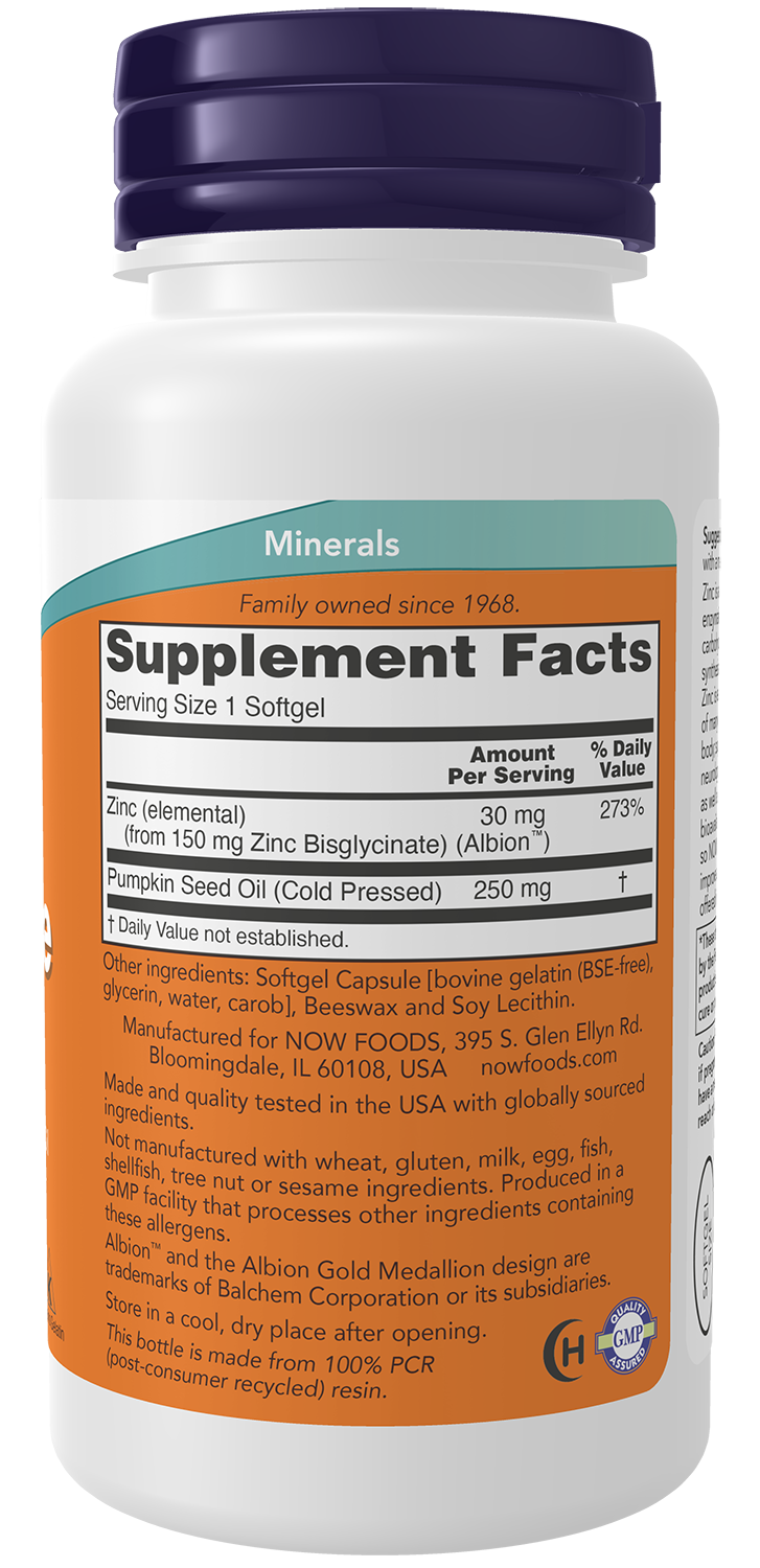 NOW Foods Zinc Glycinate 30mg 120gels — Zinc Glycinate 30mg 120gels facts
