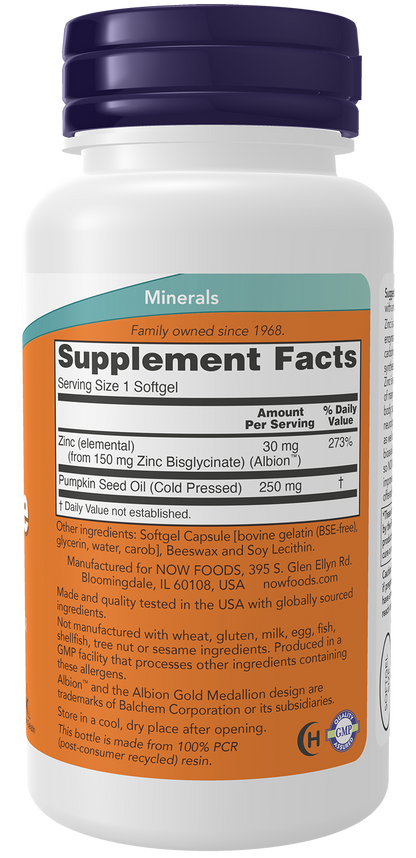 NOW Foods Zinc Glycinate 30mg 120gels — Zinc Glycinate 30mg 120gels facts
