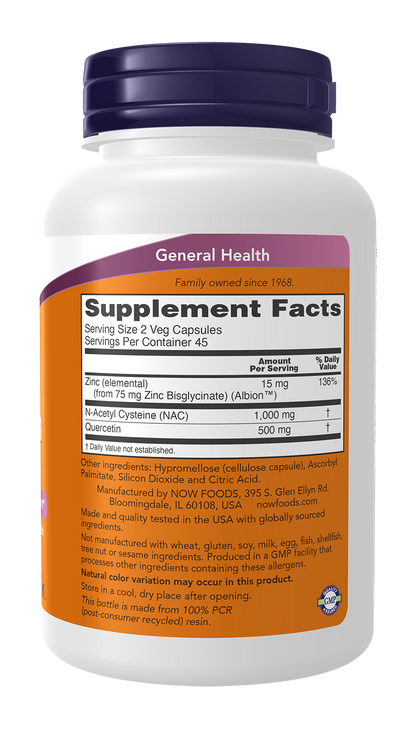 NOW Foods NAC Quercetin & Zinc 90caps — NAC Quercetin & Zinc 90caps facts