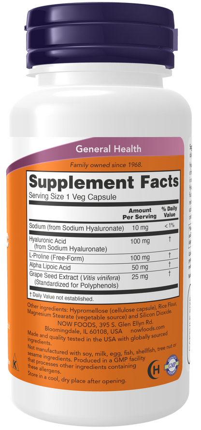 NOW Foods Hyaluronic Acid 100mg 2X PLUS 60 vcaps — Hyaluronic Acid 100mg 2X PLUS 60 vcaps facts