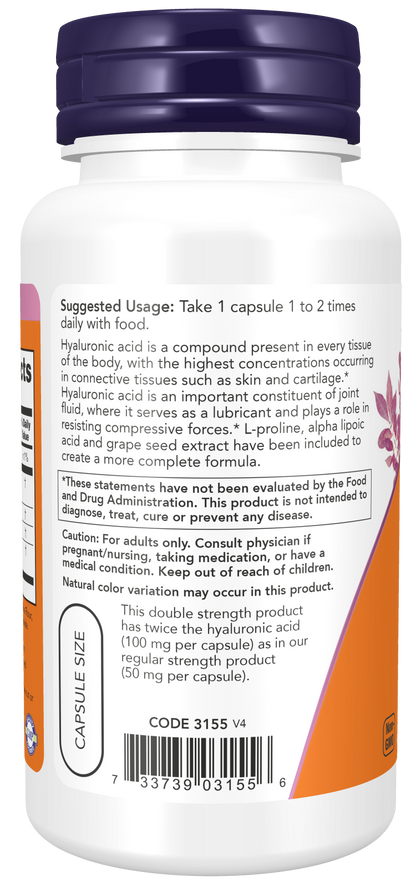 NOW Foods Hyaluronic Acid 100mg 2X PLUS 60 vcaps — Hyaluronic Acid 100mg 2X PLUS 60 vcaps support