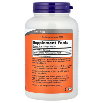 NOW Foods GABA — 750mg 200vcaps facts