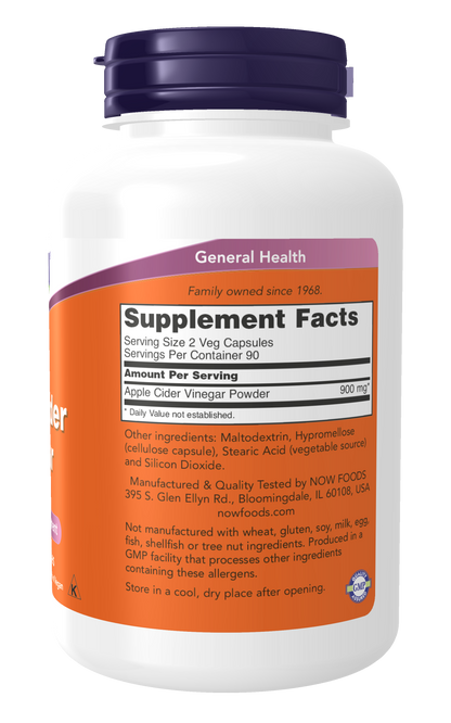 NOW Foods Apple Cider Vinegar 450mg 180 veg caps — Apple Cider Vinegar 450mg 180 veg caps facts