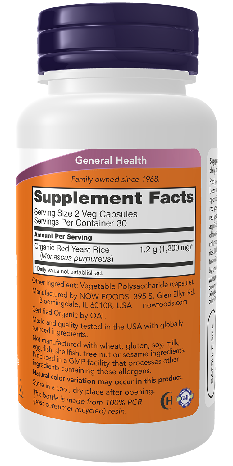 NOW Foods RED YEAST RICE 600MG ORG 60 VCAPS — RED YEAST RICE 600MG ORG 60 VCAPS facts