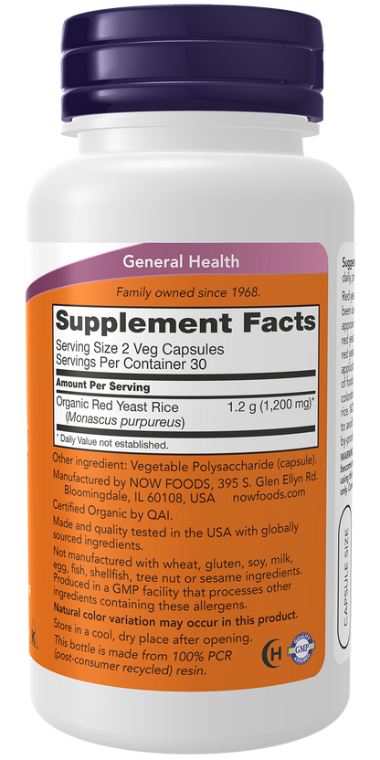 NOW Foods RED YEAST RICE 600MG ORG 60 VCAPS — RED YEAST RICE 600MG ORG 60 VCAPS facts