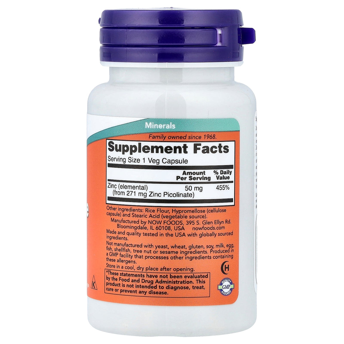 NOW Foods Zinc Picolinate 50mg 60 Veg Capsules — Zinc Picolinate 50mg 60 Veg Capsules facts