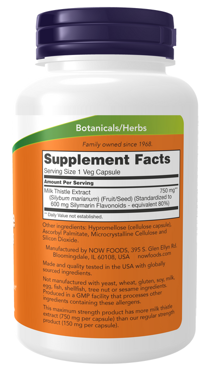 NOW Foods Milk Thistle 750mg 90 caps — Milk Thistle 750mg 90 caps facts
