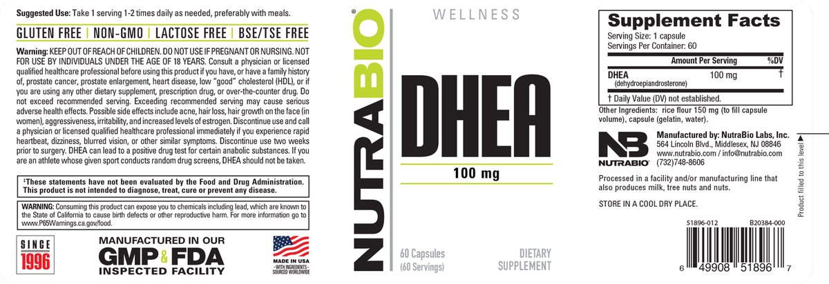 NutraBio DHEA 100mg 60 Capsules — DHEA 100mg 60 Capsules support