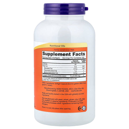 NOW Foods Pumpkin Seed Oil 1000mg 200sgels — Pumpkin Seed Oil 1000mg 200sgels facts