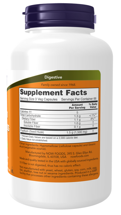 NOW Foods Psyllium Husk 500mg 200 Veg Caps — Psyllium Husk 500mg 200 Veg Caps facts