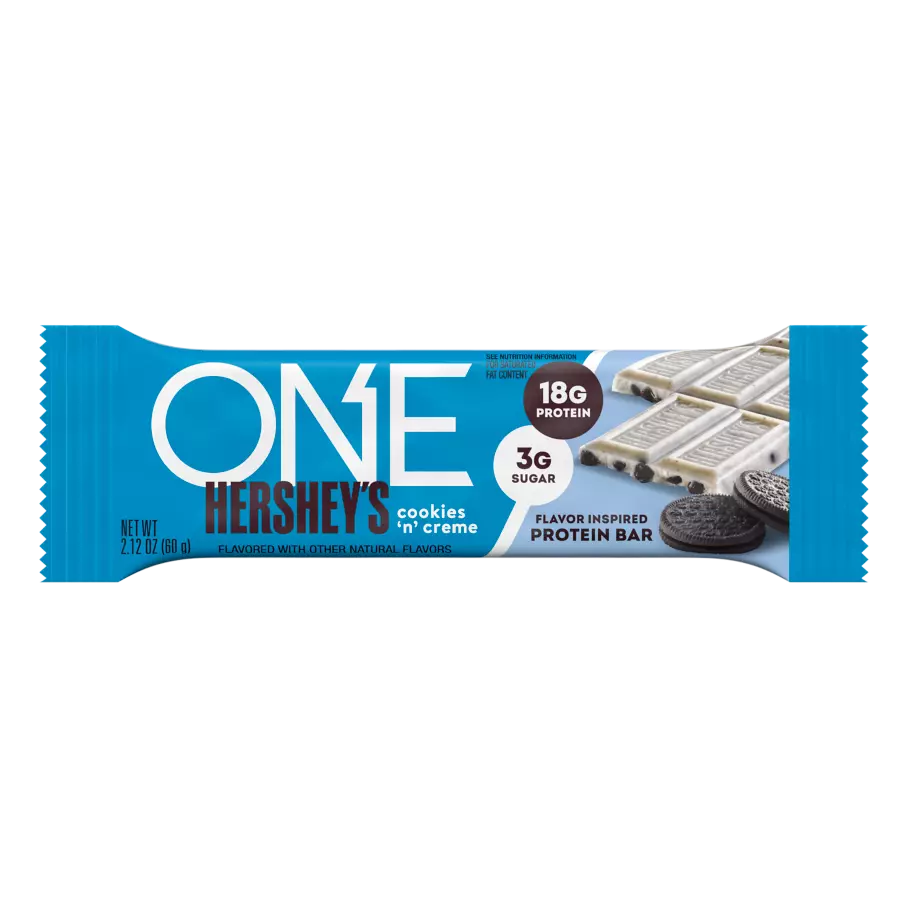 ONE HERSHEY'S Cookies 'N' Creme Protein Bar — Hershey's Cookies & Cream front packaging