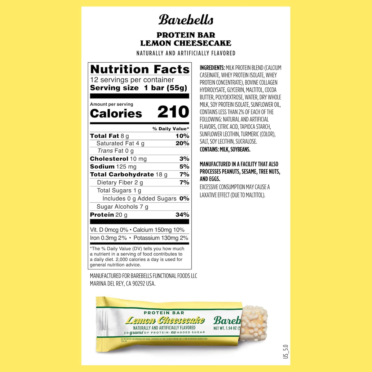 Barebells Original Protein Bars — Lemon Cheesecake facts panel