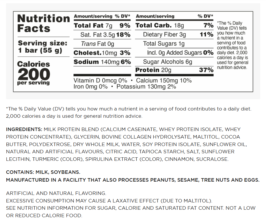 Barebells Original Protein Bars — Key Lime facts panel