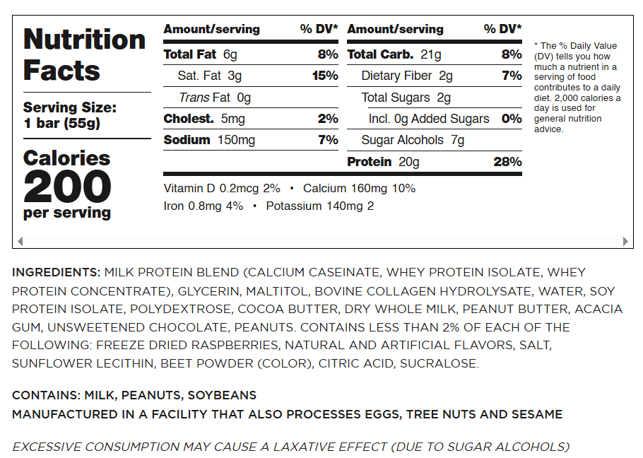 Barebells Original Protein Bars — PB&Jelly facts panel