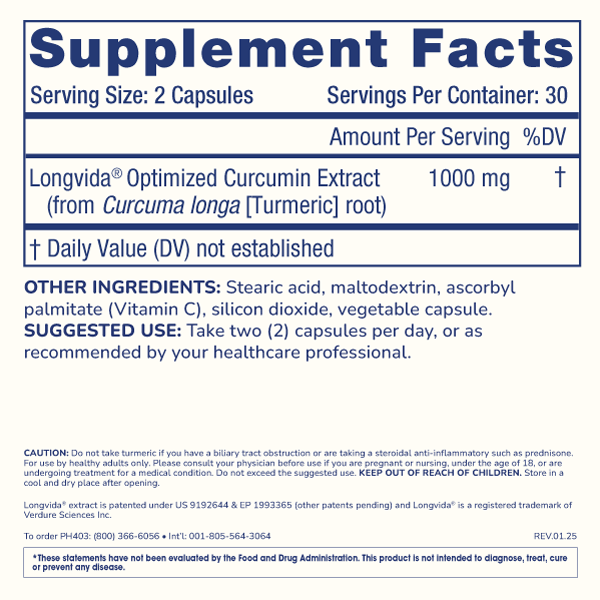 ProHealth Longevity Optimized Curcumin Longvida 500mg 60caps — Optimized Curcumin Longvida 500mg 60caps facts