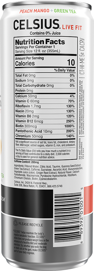 Celsius Energy Drink — Peach Mango Green Tea facts