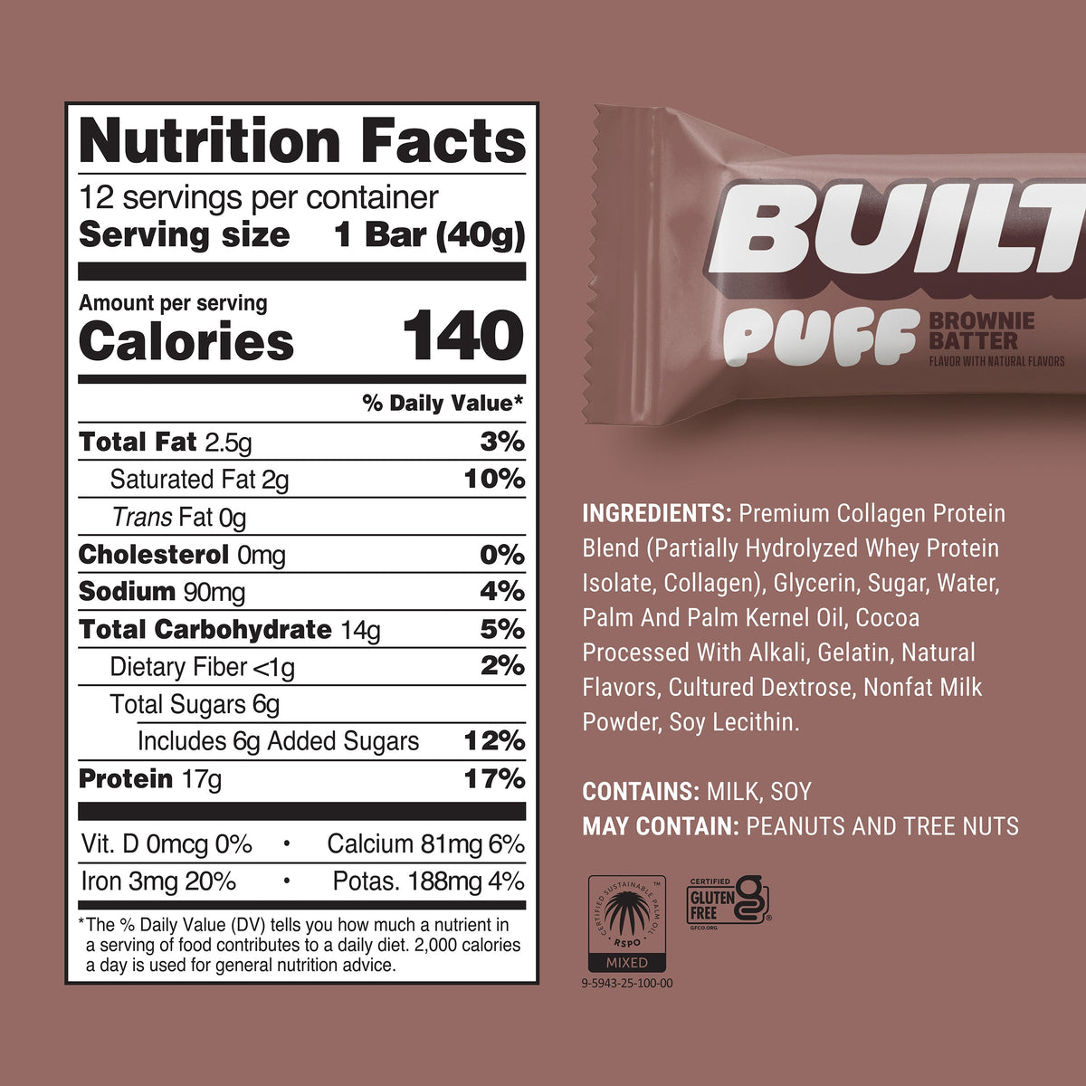 BUILT Puff Protein Bars — Brownie facts