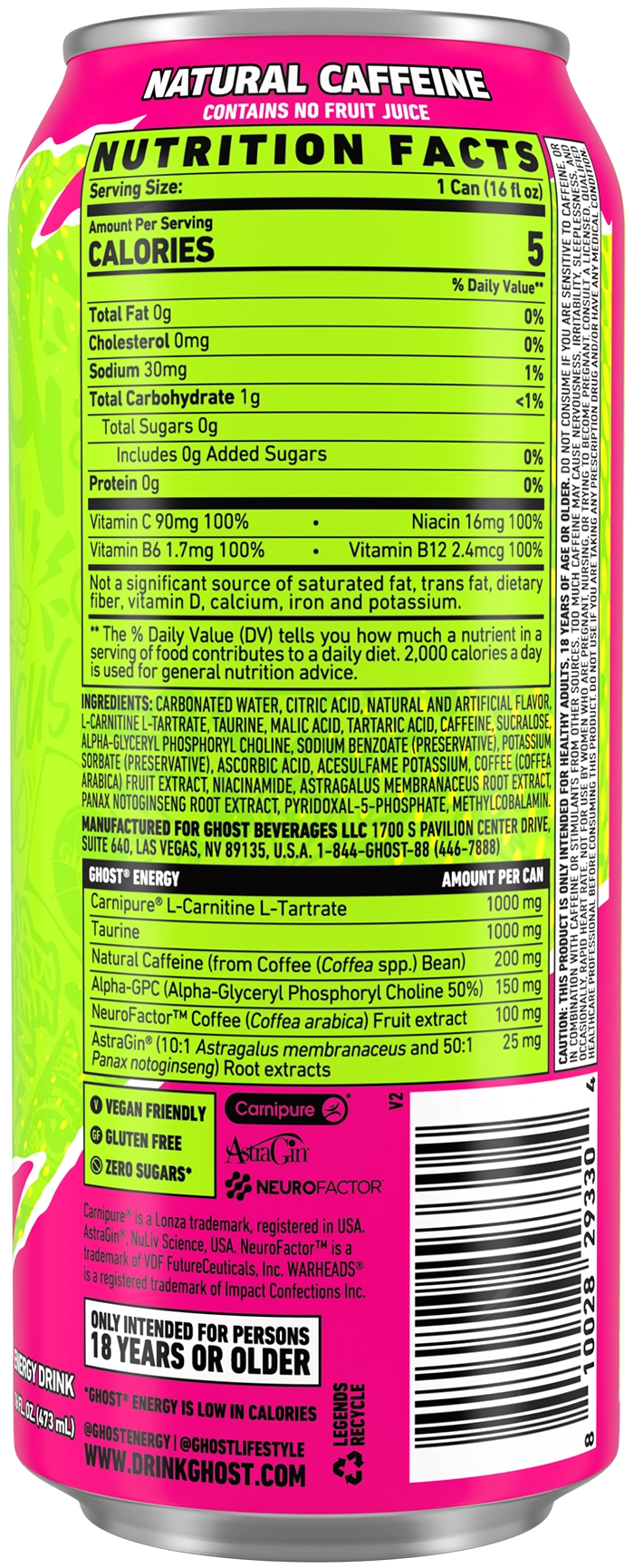 GHOST ENERGY — Warheads Sour Watermelon facts