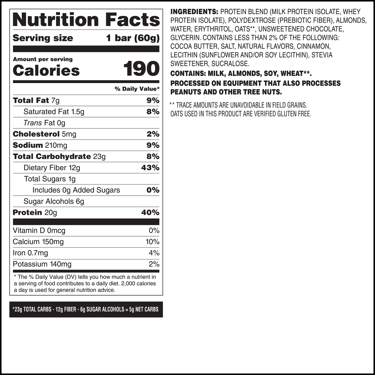 Quest Nutrition Bar — Oatmeal Chocolate Chip facts