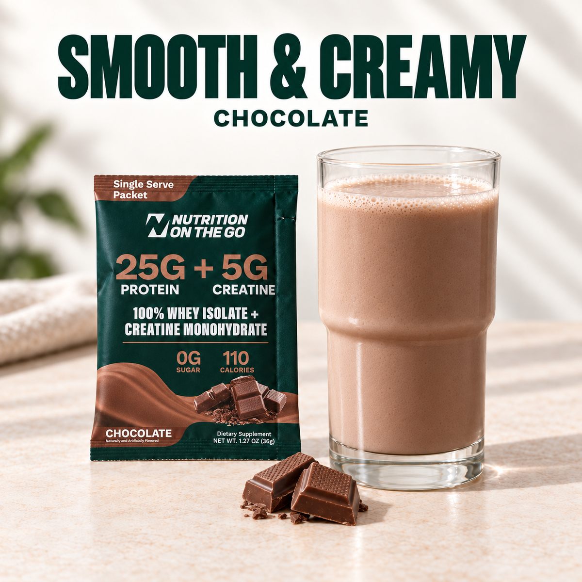 Nutrition On The Go Protein + Creatine — Chocolate Single Serving support